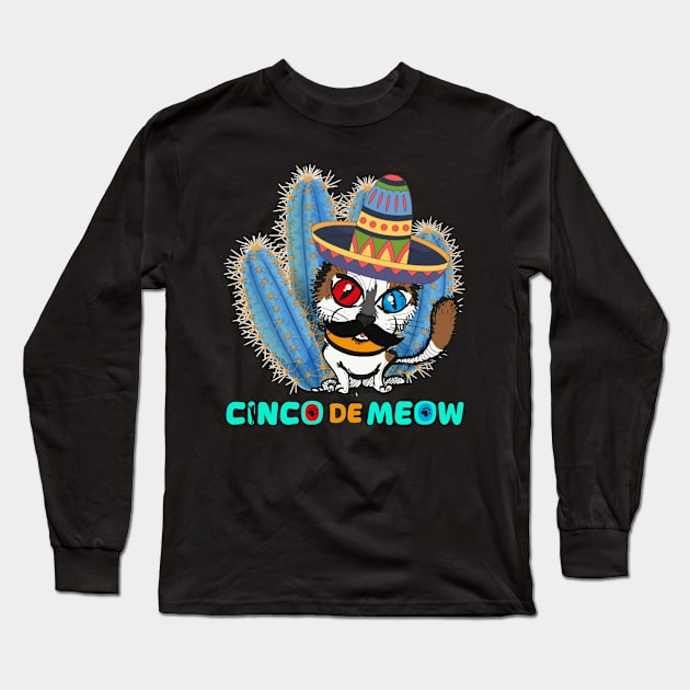 Cinco de Meow Mexican Funny Cat Let’s Fiesta Cinco De Mayo Long Sleeve T-Shirt by Mamalika